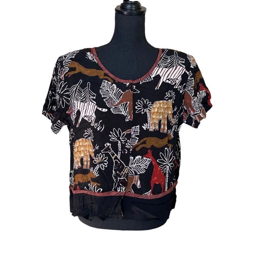 Aimee D Petites African Safari Animal Print Button Down Cropped Blouse